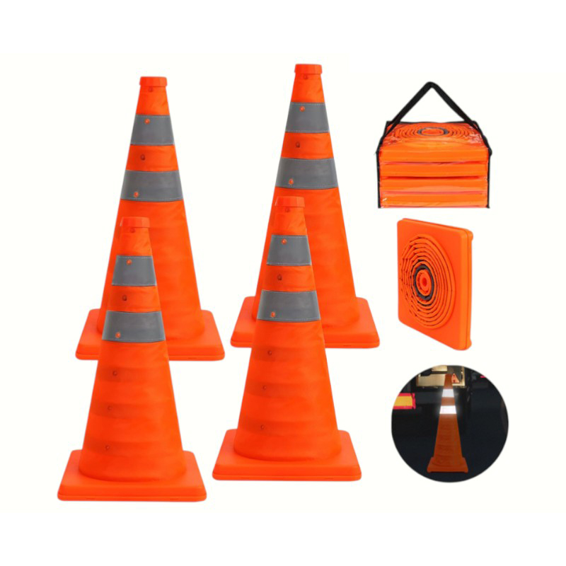 Cono de tráfico plegable multifuncional portátil reflectante de alta intensidad con luz de advertencia LED enchufable montada en la parte superior para operaciones móviles y de emergencia